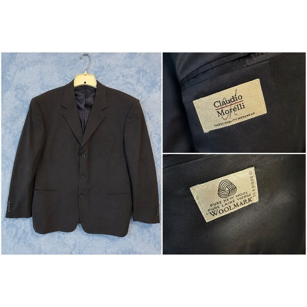 Vintage Claudio Morelli Mens 44R Navy 100% Wool Blazer Woolmark 3 Button Jacket